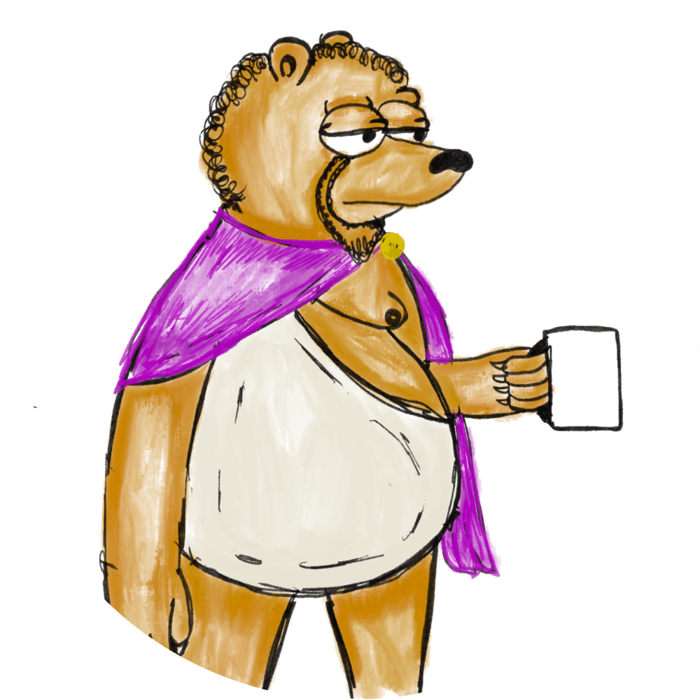 Marcus Bearelius stoic bear mascot in purple Roman style